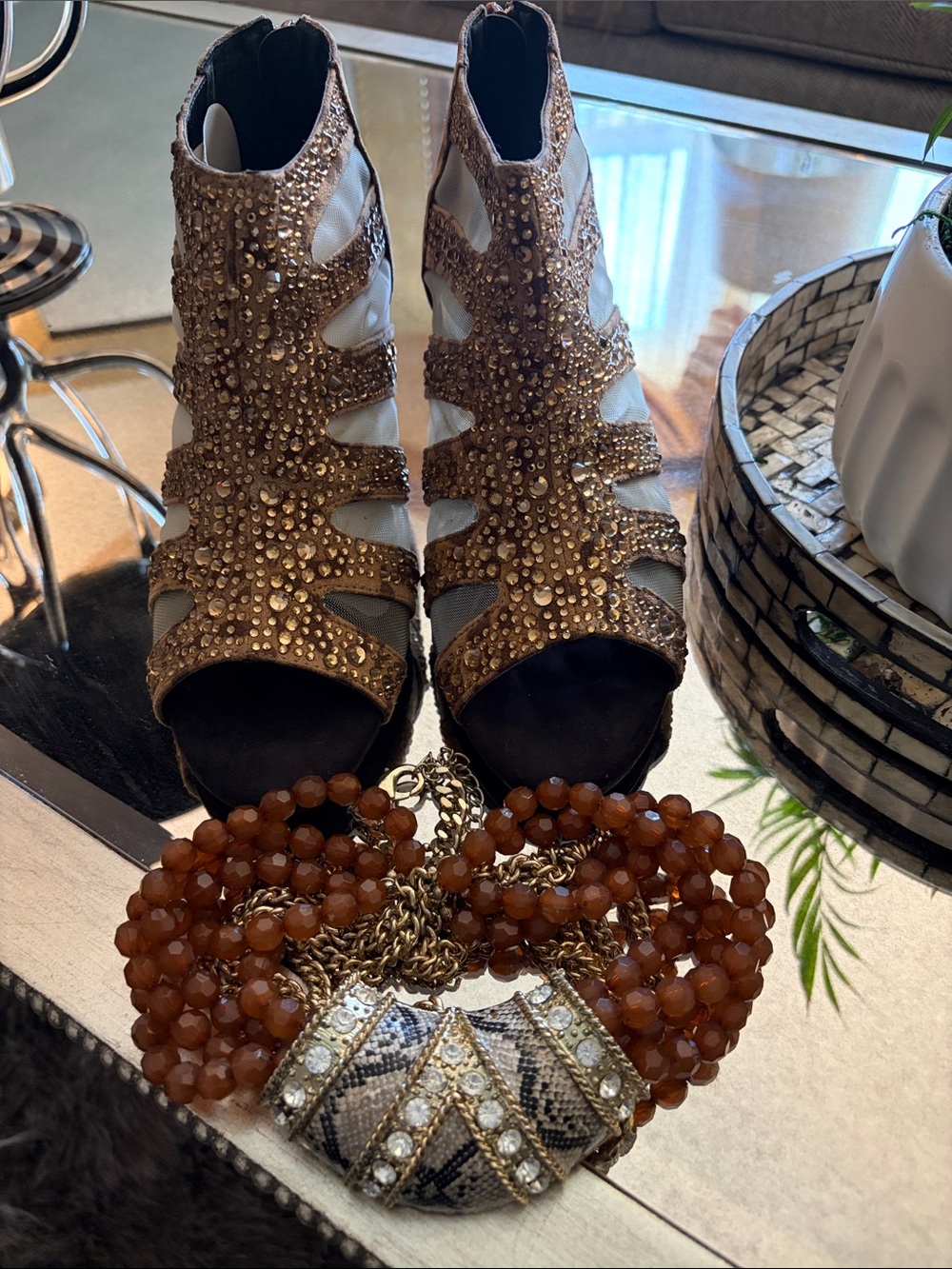 Stylish Open-Toe Gold Beaded Leopard Cage Boots